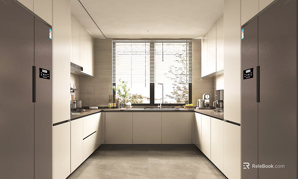 Modern Kitchen Interior With White Cabinets Window Countertop Appliances And Bright Lighting 3d model 