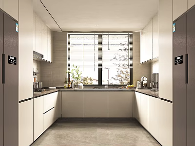 Modern Kitchen Interior With White Cabinets Window Countertop Appliances And Bright Lighting 3d model
