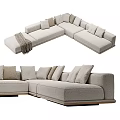 L Shaped Beige Sectional Sofa With Plush Pillows And Throw Blanket 3d model
