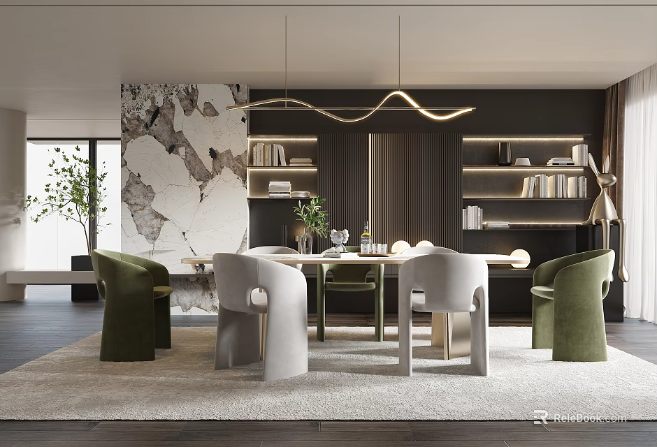 Elegant Modern Restaurant Interior With Open Concept Marble Dining Tables Pendant Lights And Green Plants 3d model 