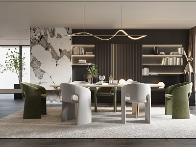 Elegant Modern Restaurant Interior With Open Concept Marble Dining Tables Pendant Lights And Green Plants 3d model
