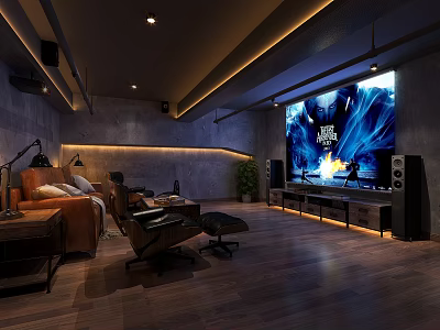 Home Theater Room Interior Design With Large Screen TV Surround Speakers And Comfortable Recliners 3d model