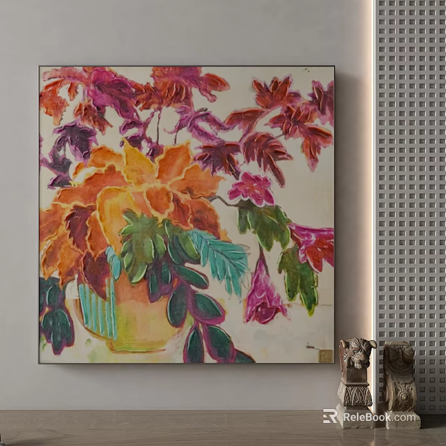 Vibrant Floral Painting With Colorful Flowers And Leaves In Ceramic Vase 3d model 