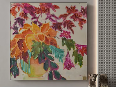 Vibrant Floral Painting With Colorful Flowers And Leaves In Ceramic Vase 3d model