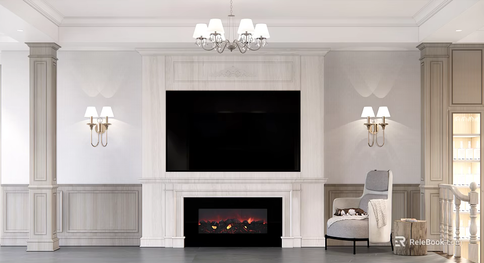 Elegant White Marble TV Wall Design With Fireplace Flame Wall Sconces And Chandelier 3d model 
