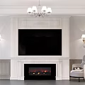 Elegant White Marble TV Wall Design With Fireplace Flame Wall Sconces And Chandelier