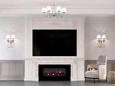 Elegant White Marble TV Wall Design With Fireplace Flame Wall Sconces And Chandelier 3d model