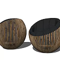 Modern Round Single Seater Sofa with Wooden Stripes and Black Cushion