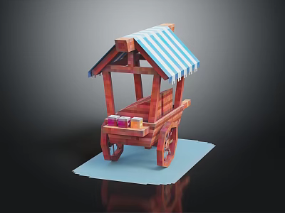 Wooden Street Vendor Cart With Blue White Striped Canopy Wheels And Bottles 3d model