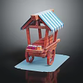 Wooden Street Vendor Cart With Blue White Striped Canopy Wheels And Bottles