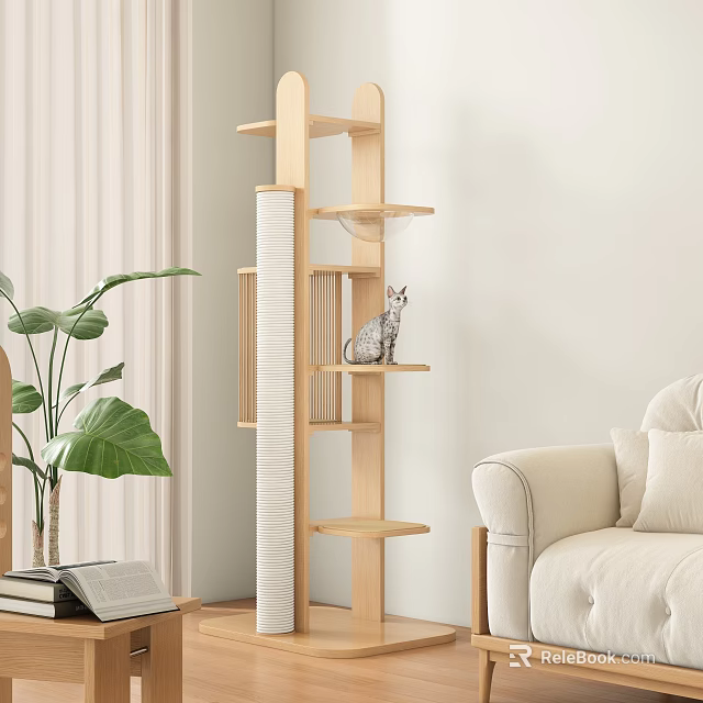 Wooden Multi Level Cat Tree With Cat In Living Room Near Sofa And Plant 3d model 