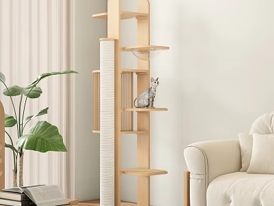 Wooden Multi Level Cat Tree With Cat In Living Room Near Sofa And Plant 3d model