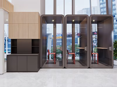 Modern Public Facility Open Kitchen Design With Wooden Cabinets Glass Partitions And Chairs 3d model