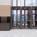 Modern Public Facility Open Kitchen Design With Wooden Cabinets Glass Partitions And Chairs
