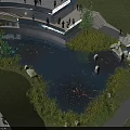 Tranquil Garden Landscape with Pond Lotus Leaves Stone Bridge Green Grass and Paths