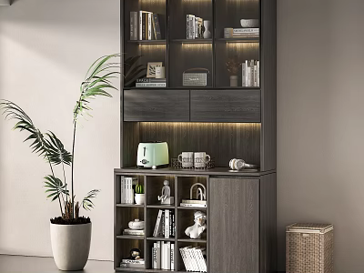 Modern Gray Storage Cabinet Shelf With Books Decorative Items And Potted Plant 3d model