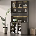 Modern Gray Storage Cabinet Shelf With Books Decorative Items And Potted Plant