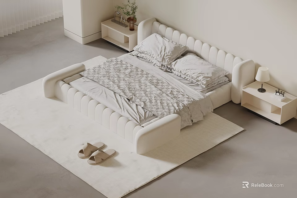 Modern White Double Bed with Padded Headboard Footboard on Plush Rug and Nightstands Plant Lamp 3d model 
