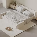 Modern White Double Bed with Padded Headboard Footboard on Plush Rug and Nightstands Plant Lamp