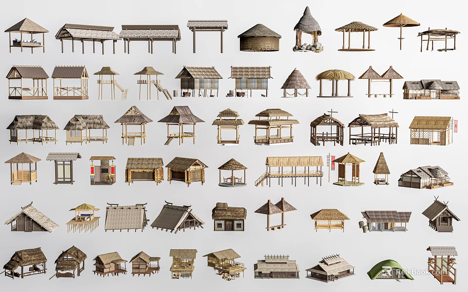 Various Wooden House Models With Different Roof Styles And Traditional Designs 3d model 