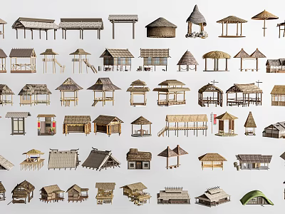 Various Wooden House Models With Different Roof Styles And Traditional Designs 3d model