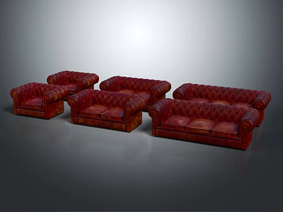 Classic Red Sofa Set With Tufted Details And Multiple Seating Pieces 3d model