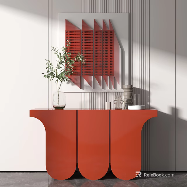 Stylish Modern Red Entryway Console Cabinet With Green Plant Vase And Decorative Mirror 3d model 