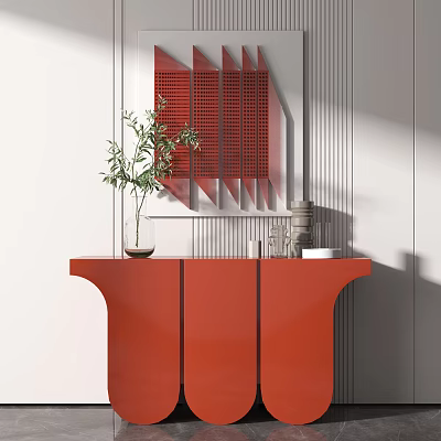 Stylish Modern Red Entryway Console Cabinet With Green Plant Vase And Decorative Mirror 3d model