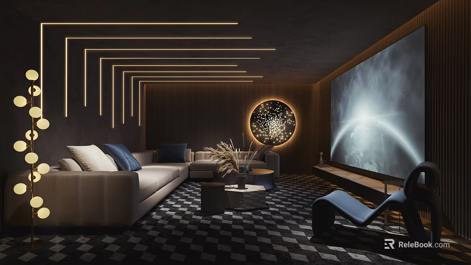 Modern Home Theater Interior With Large Screen Sofa Checkerboard Carpet Round Decorative Light And Ambient Lighting 3d model 