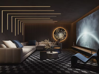 Modern Home Theater Interior With Large Screen Sofa Checkerboard Carpet Round Decorative Light And Ambient Lighting 3d model