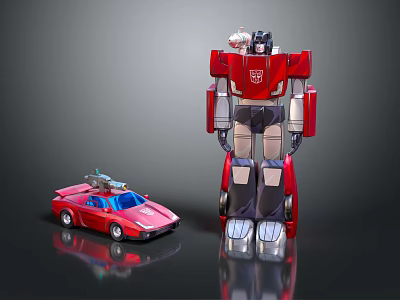 Detailed Red Transformers Robot Action Figure With Car Mode Toy 3d model