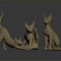 Three Textured Cat Sculptures In Different Postures On Dark Surface 3d model