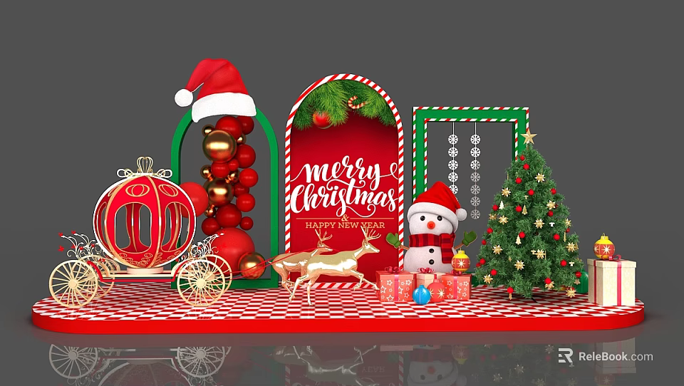 Festive Christmas Decorations With Merry Christmas Sign Tree Snowman And Reindeer 3d model 