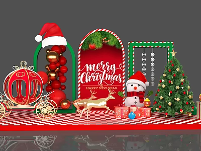 Festive Christmas Decorations With Merry Christmas Sign Tree Snowman And Reindeer 3d model