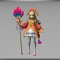 Anime Girl Character With Bird Feather Fan In Pink White Outfit And Red Bow Accessory