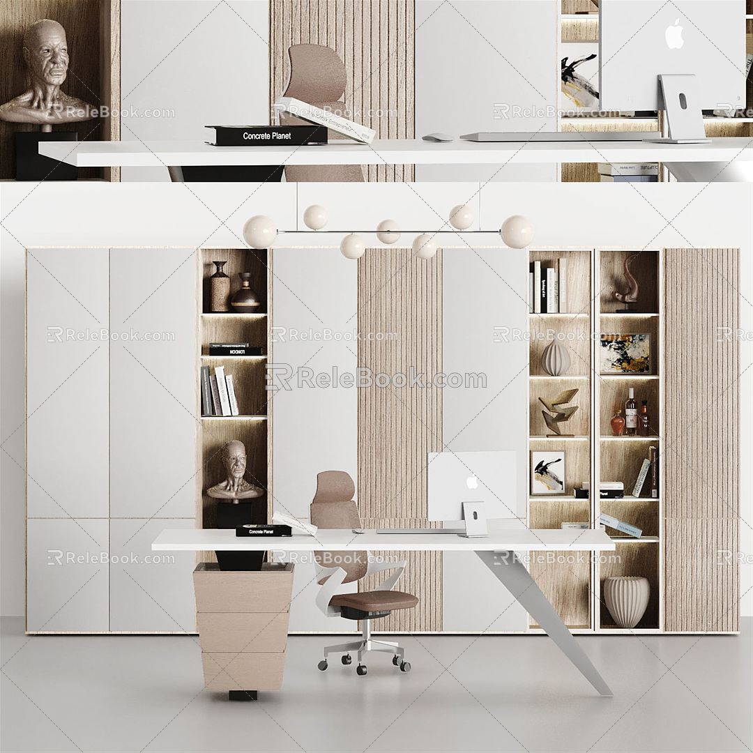 Modern Office Desk and Chair Computer Bookcase Ornaments 3d model