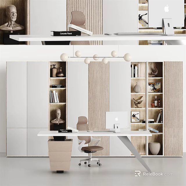 Modern Office Desk Setup With Ergonomic Chair Computer Built in Bookshelves Decorative Items And Pendant Lights 3d model 