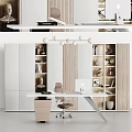 Modern Office Desk Setup With Ergonomic Chair Computer Built in Bookshelves Decorative Items And Pendant Lights