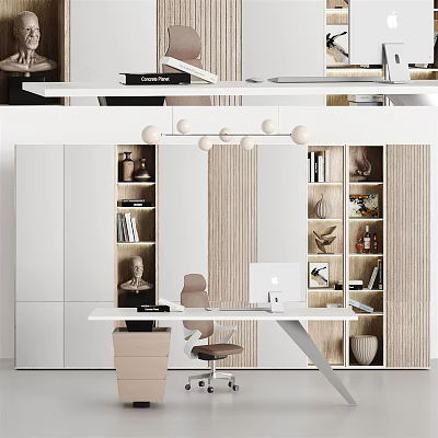 Modern Office Desk Setup With Ergonomic Chair Computer Built in Bookshelves Decorative Items And Pendant Lights 3d model