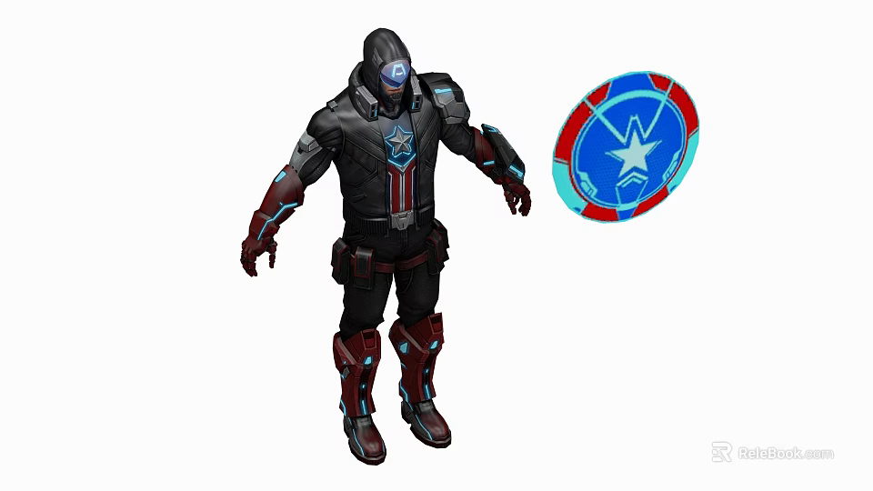 Tactical Armored Game Character With Red Blue Shield And Star Emblem Design 3d model 