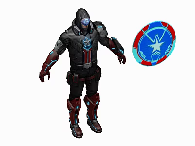 Tactical Armored Game Character With Red Blue Shield And Star Emblem Design 3d model