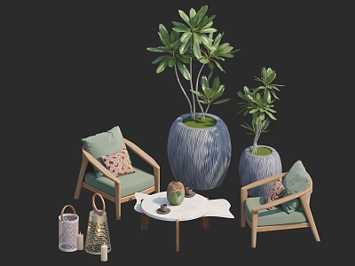 Sofa Set With Light Green Armchairs Blue Vases Green Plants And Coffee Table 3d model