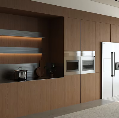 Modern Kitchen With Wooden Cabinets Built-in Microwave Oven Silver Refrigerator Wooden Shelves Pot And Plant 3d model