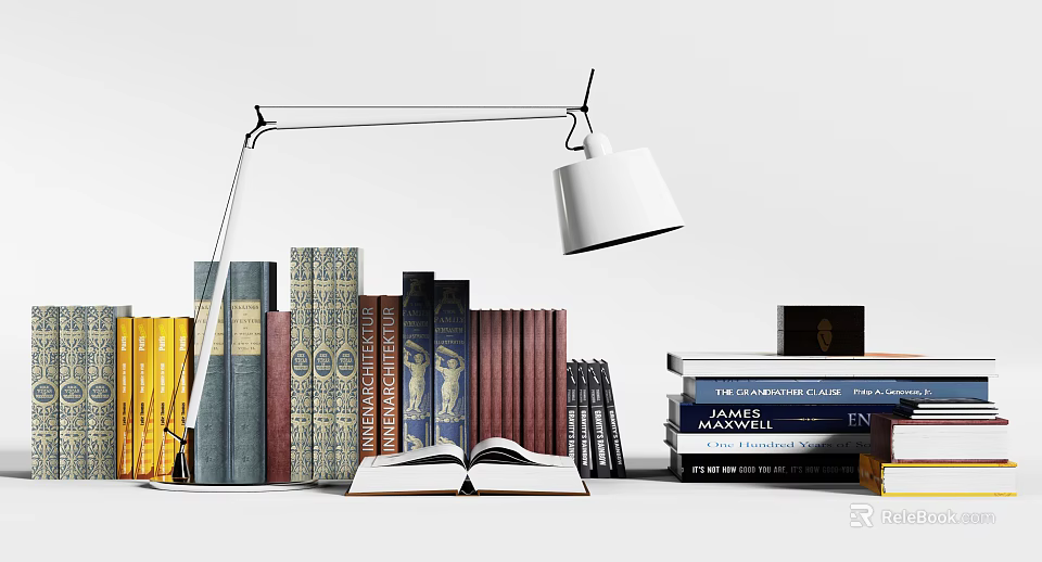 Books And Magazines Display With Open Book Table Lamp Colorful Spines And Stacked Books 3d model 