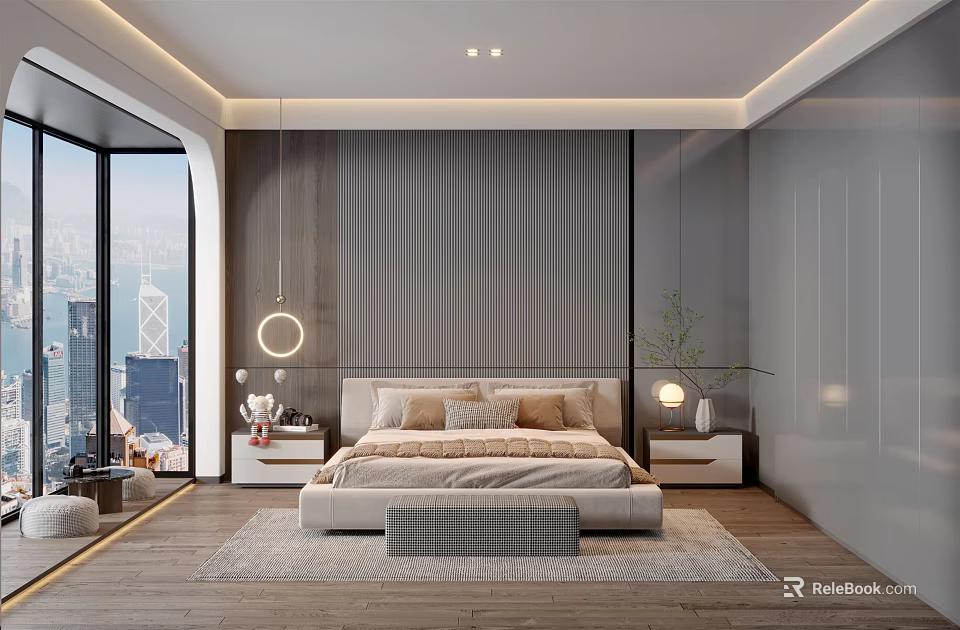 Modern Bedroom Interior Design With Large Bed City View Hanging Lamp Nightstands And Rug 3d model 