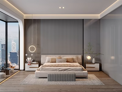 Modern Bedroom Interior Design With Large Bed City View Hanging Lamp Nightstands And Rug 3d model