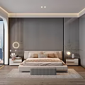 Modern Bedroom Interior Design With Large Bed City View Hanging Lamp Nightstands And Rug