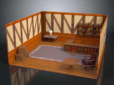 Cozy Wooden Interior Room With Bookshelves Table Chair Rug And Crates 3d model