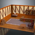 Cozy Wooden Interior Room With Bookshelves Table Chair Rug And Crates