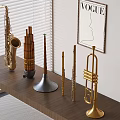 Modern Musical Instruments And Art Supplies Display With Vogue Poster On Wooden Shelf